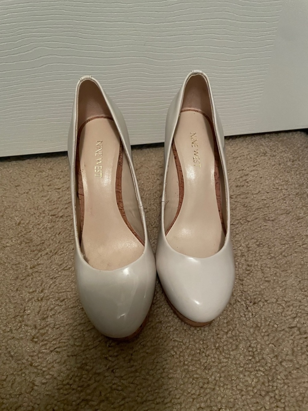 Nine West Cream Patent Round-Toe Pumps
